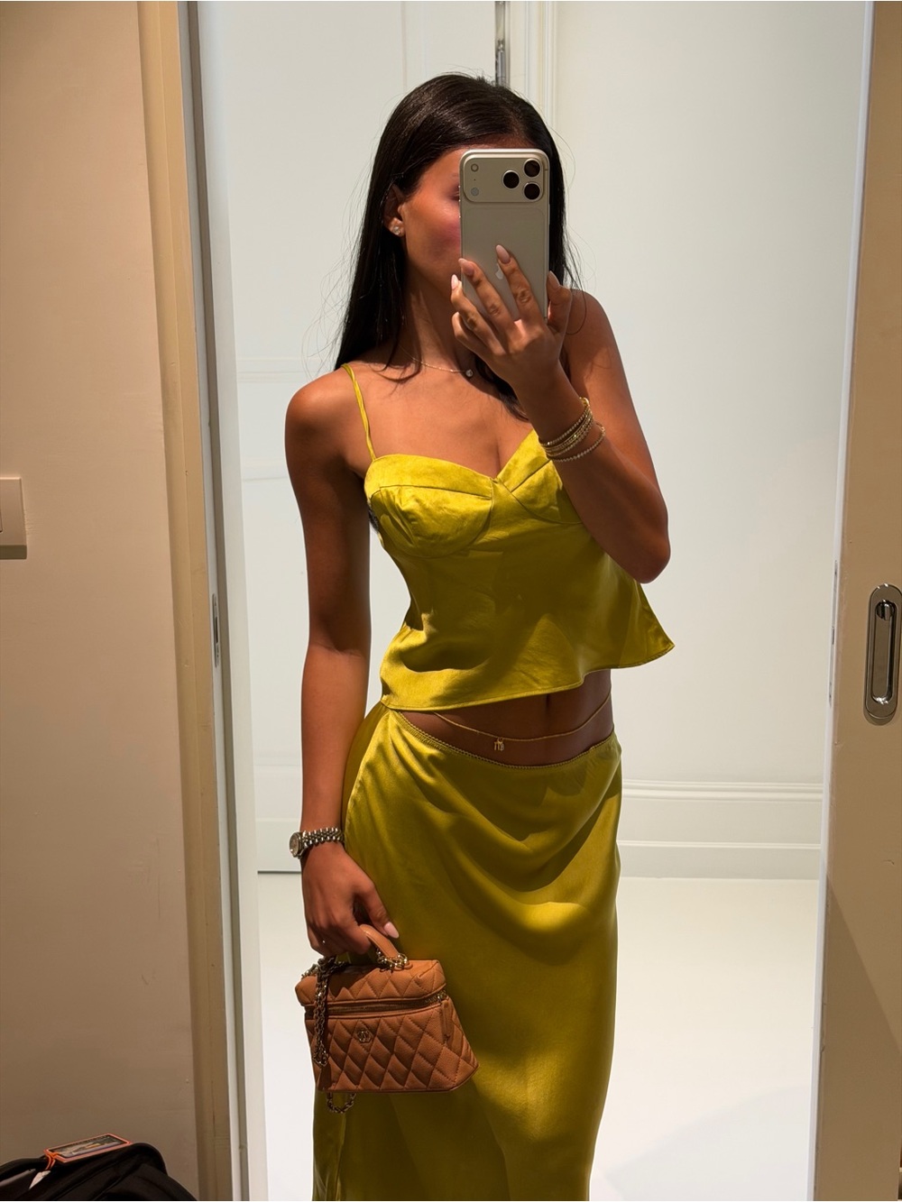 Reformation Satin Midi Skirt and Cami Set in Chartreuse